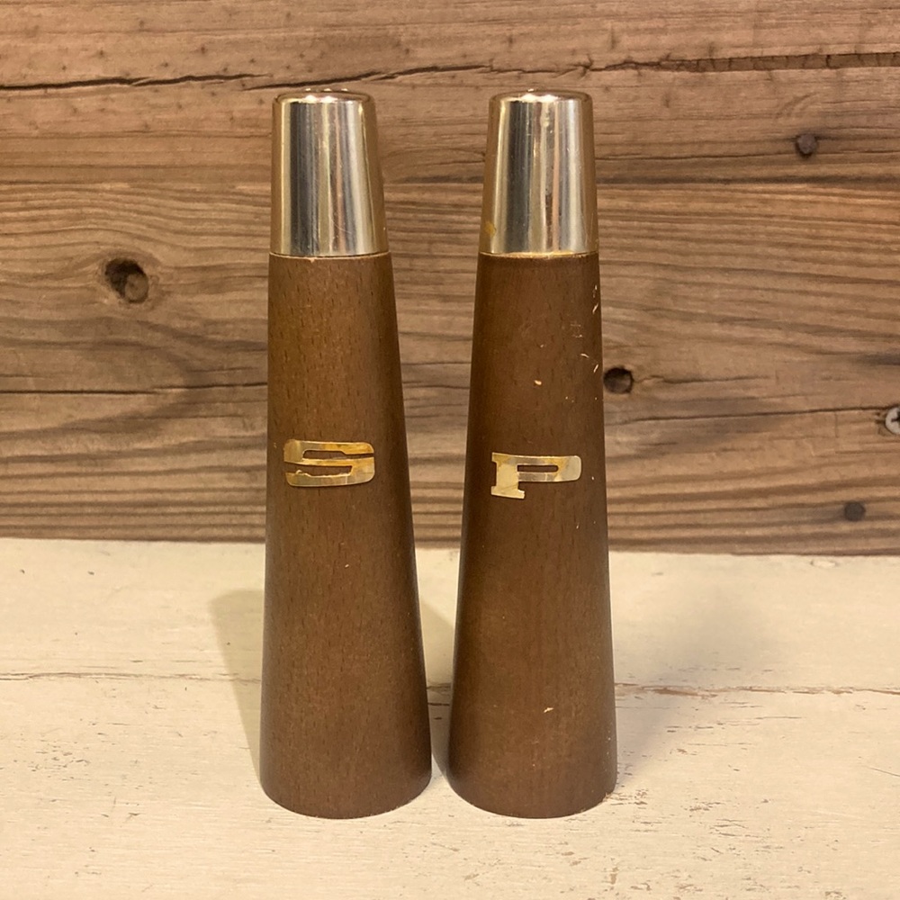 Mid-Century Wooden/Gold Salt & Pepper Shakers